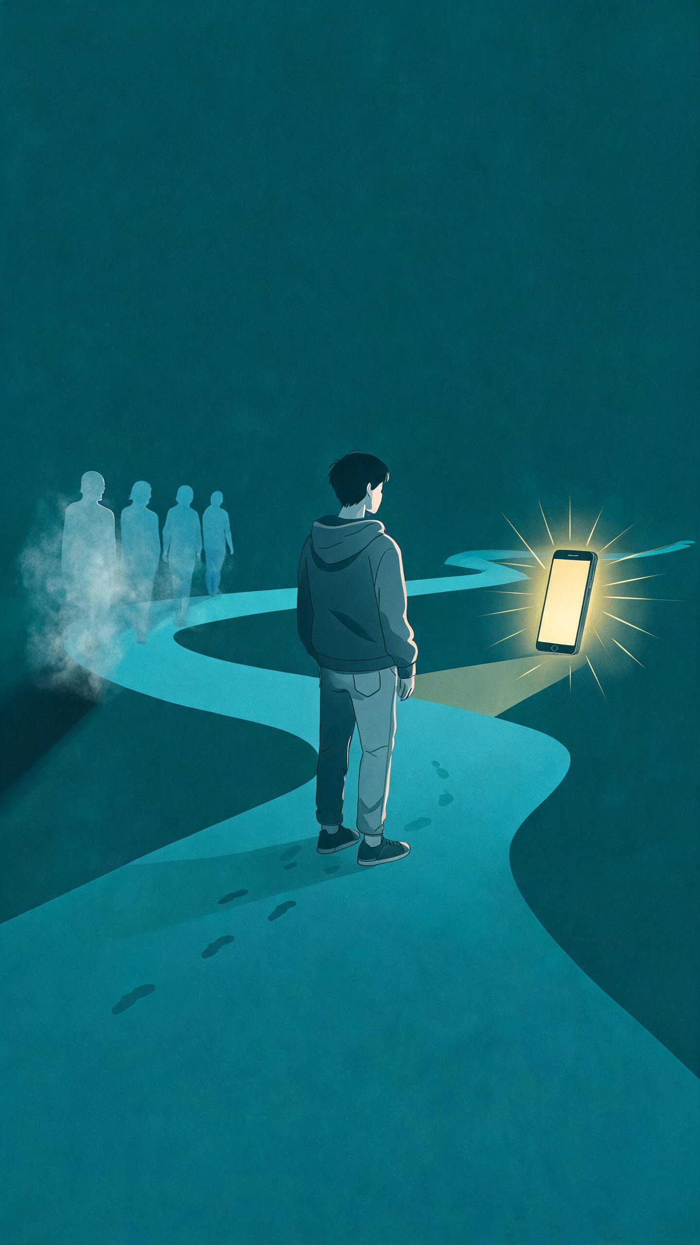 少年在人群与手机之间选择