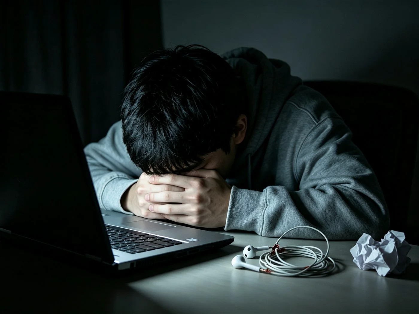 示意图（AI 生成）：深夜的台灯下，少年伏在笔记本电脑前双手掩面，桌上散着耳机与揉皱的纸团。