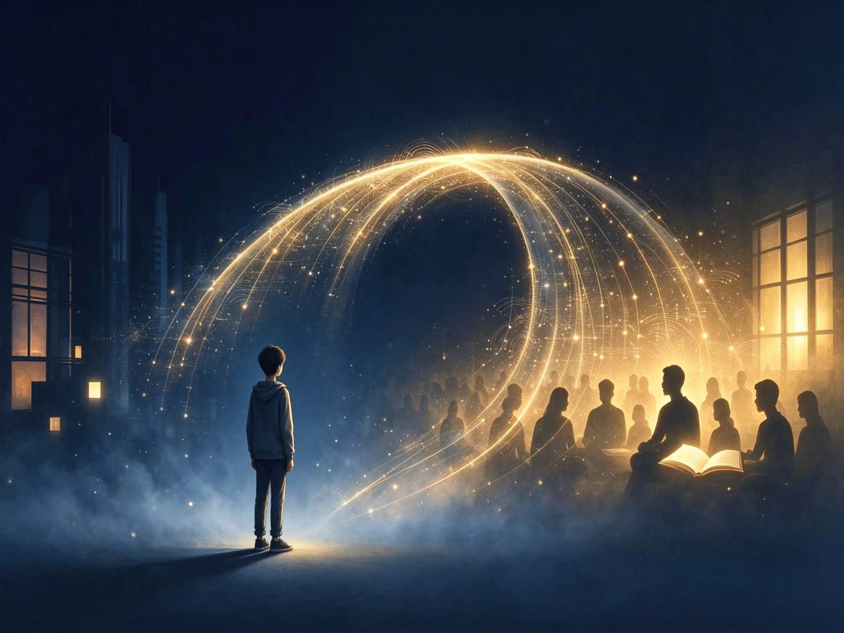 一名少年站在金色光桥前，桥的另一端是围坐交流的人群