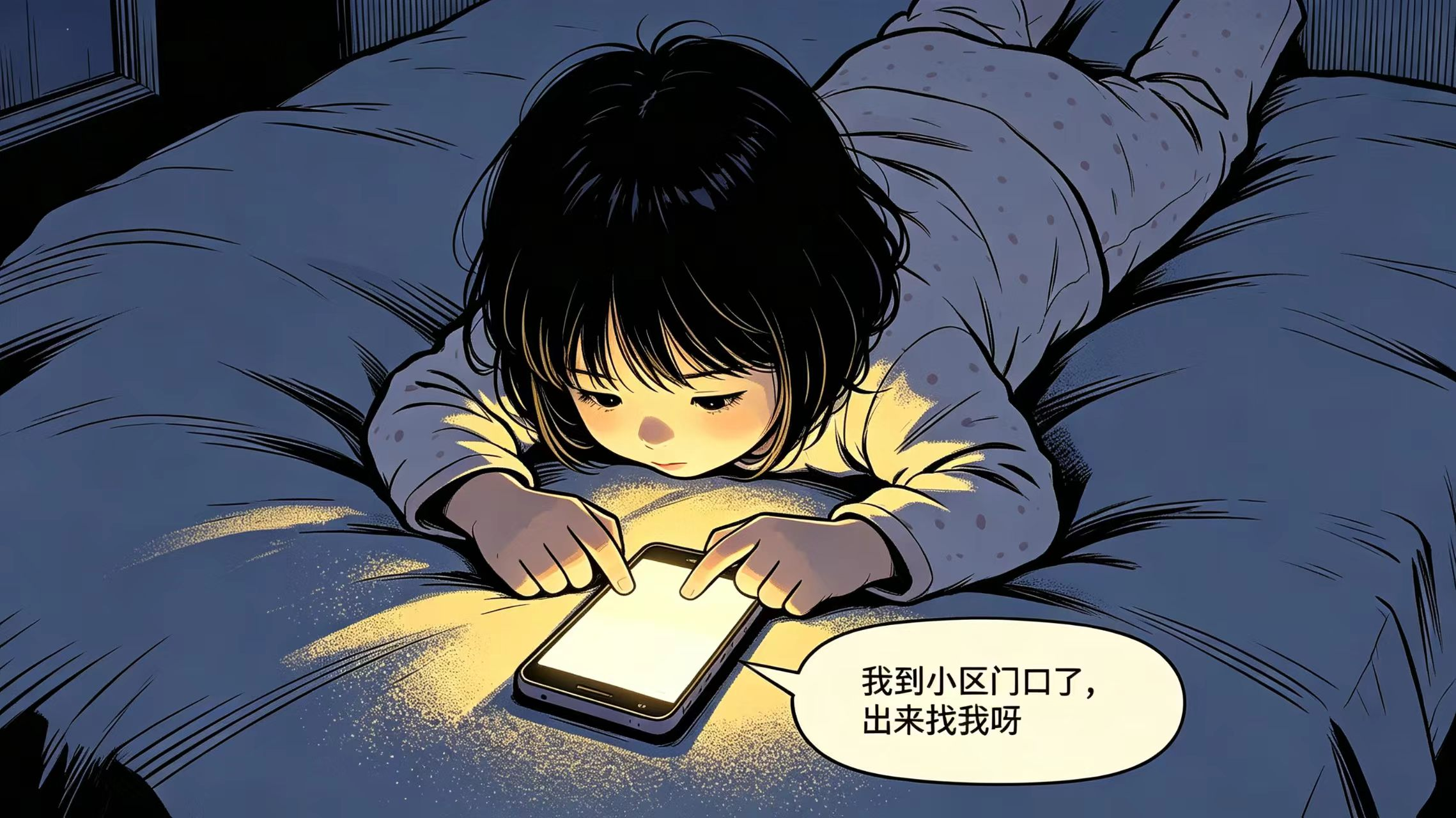 先看到的一面：小女孩趴在床上，屏幕里的朋友说“我到小区门口了”