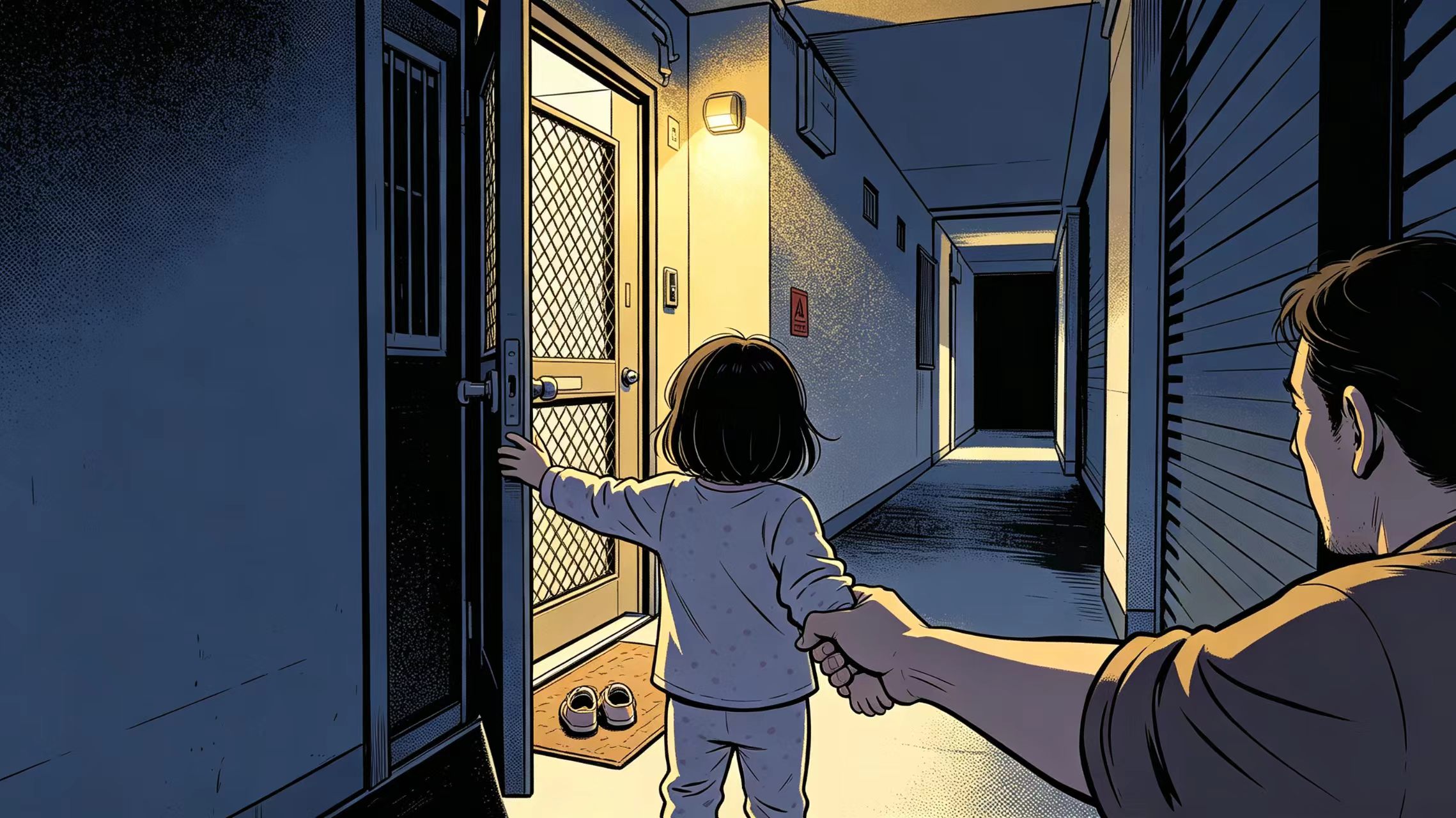 真实的一面：走廊空无人，妈妈握住她伸向门把手的手